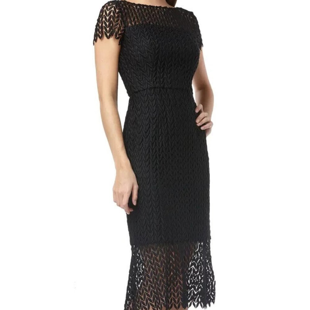 Kay Unger Black Tatum Floral Lace Midi Dress